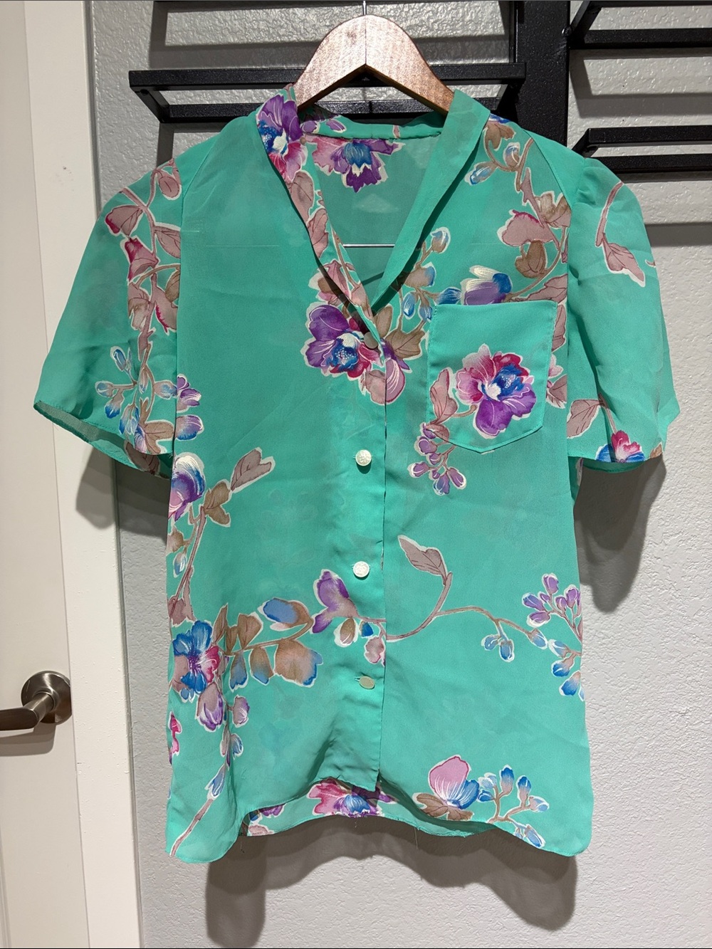 Vintage Style Turquoise Floral Button Front Blouse Pearl Buttons Unbranded